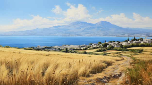 Realistic Oil Painting Of Greek Island Estuary With Wheat Fields