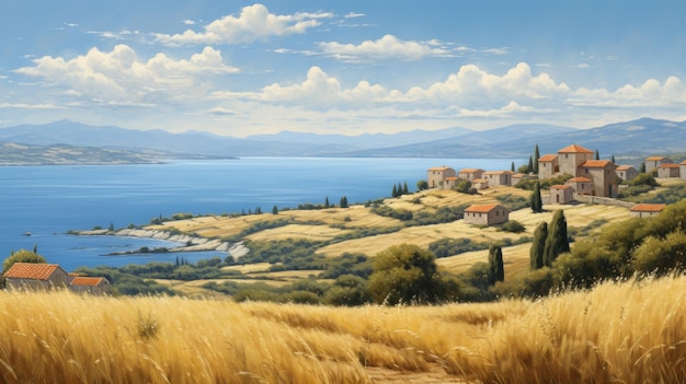 Realistic Oil Painting Of Greek Island Farming Village With Wheat Fields