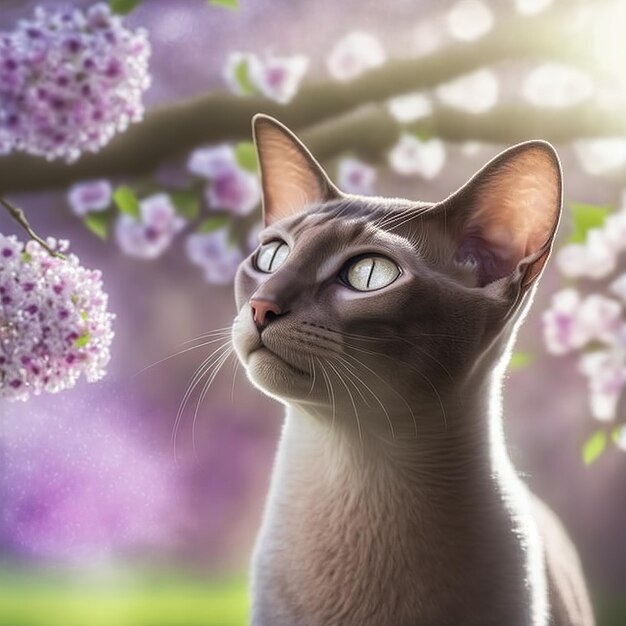 Realistic oriental cat on ravishing natural outdoor background