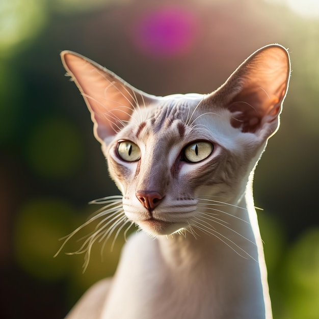 Realistic oriental cat on ravishing natural outdoor background