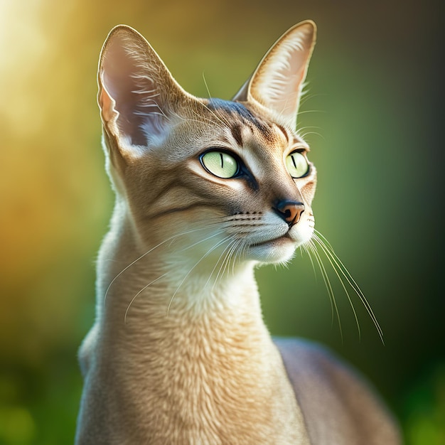 Realistic oriental cat on ravishing natural outdoor background