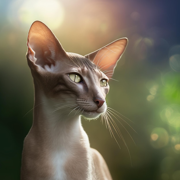 Realistic oriental cat on ravishing natural outdoor background