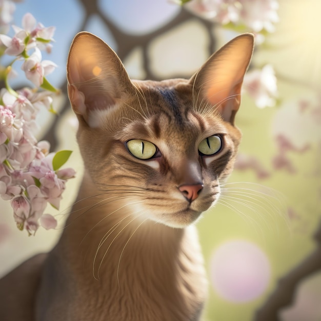 Realistic oriental cat on ravishing natural outdoor background