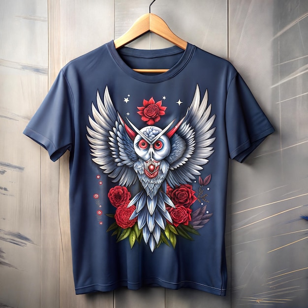 Realistic Owl and Roses Graphic on Dark Blue TShirt Against Rustic Wooden Background