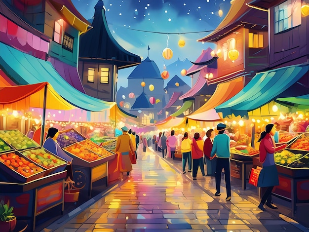 A realistic painting of a bustling Indonesian night market filled with traditional food vendors