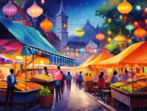 A realistic painting of a bustling Indonesian night market filled with traditional food vendors