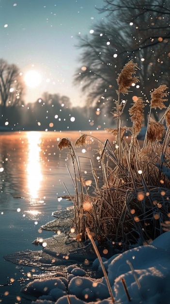 A realistic painting depicting a frozen lake surrounded by snowy ground with bokeh from frosty reeds and sunlight illuminating the scene