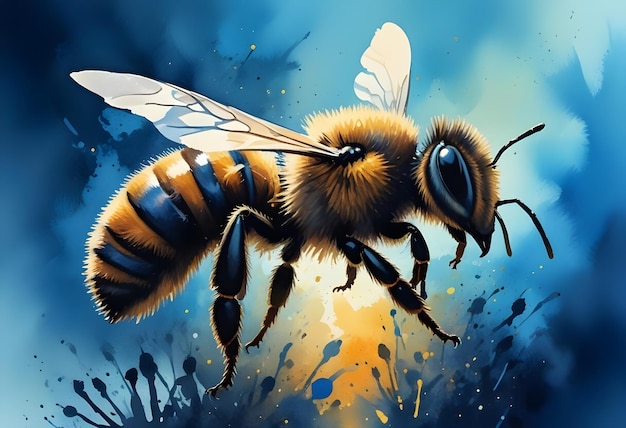 Realistic painting of a honeybee in flight against a blue and orange background Water splashes add a dynamic element to the image