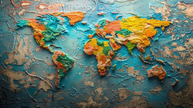 A realistic painting of the world map including continents oceans and countries adorning a wall