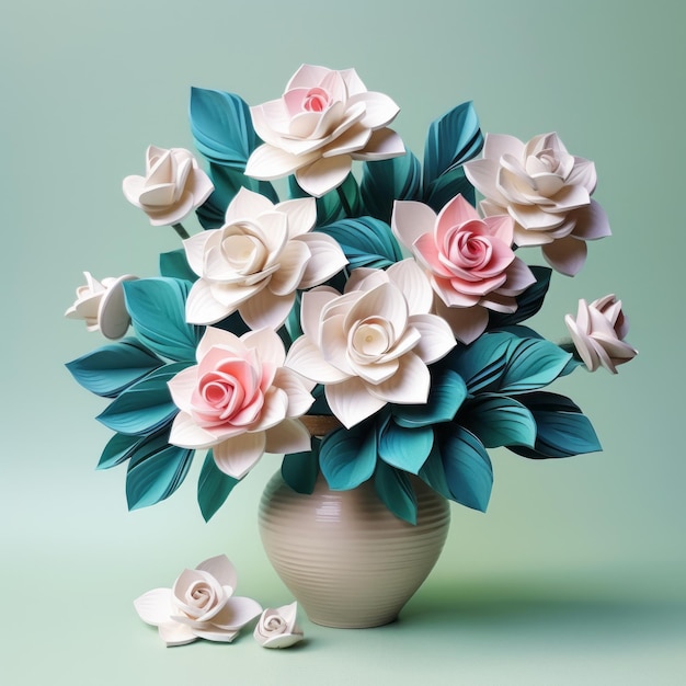 Realistic Paper Roses In A Stylized Vase Light Pink And Light Emerald