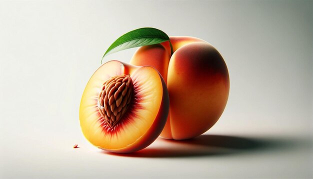 Realistic peach and peach half with seed on white background