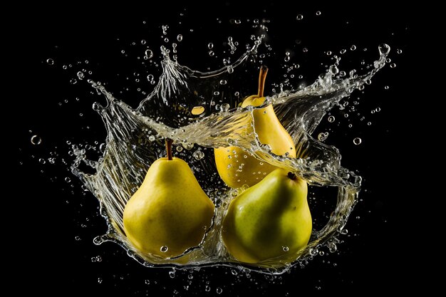 Realistic pear splash composition three pears whole half and quarter and bursts of juice around