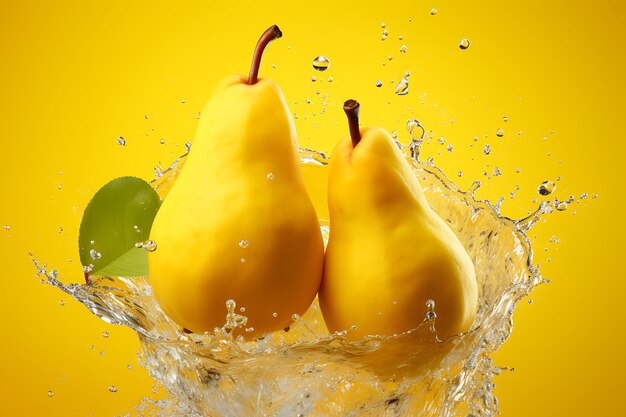 Realistic pear splash composition three pears whole half and quarter and bursts of juice around