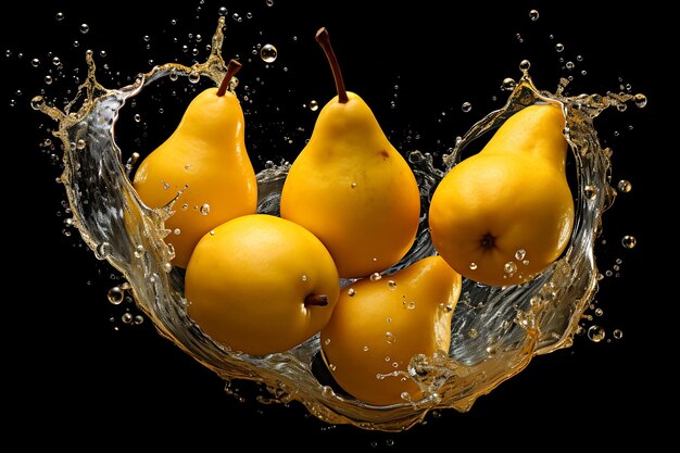 Realistic pear splash composition three pears whole half and quarter