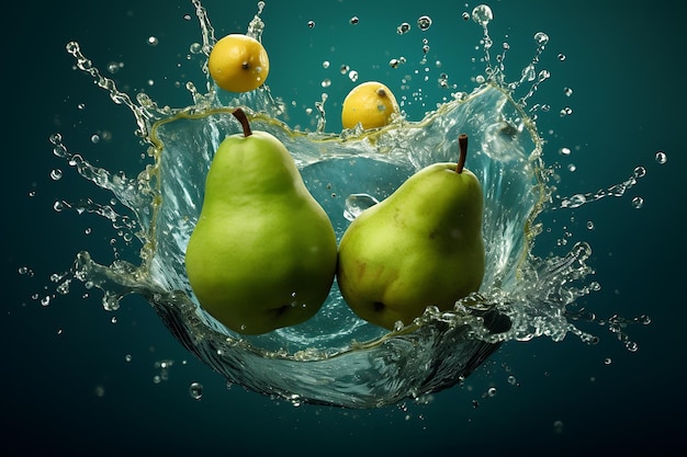 Realistic pear splash composition three pears whole half and quarter