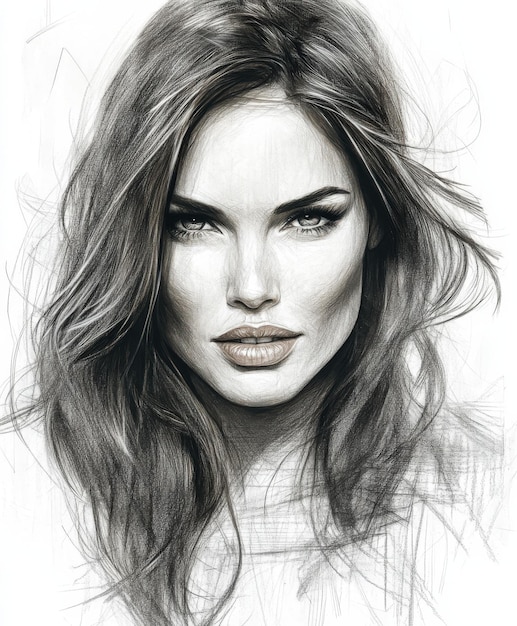 Realistic pencil drawing of a woman with long hair and striking features