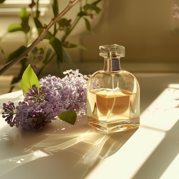 Realistic perfume with lilac flowers background