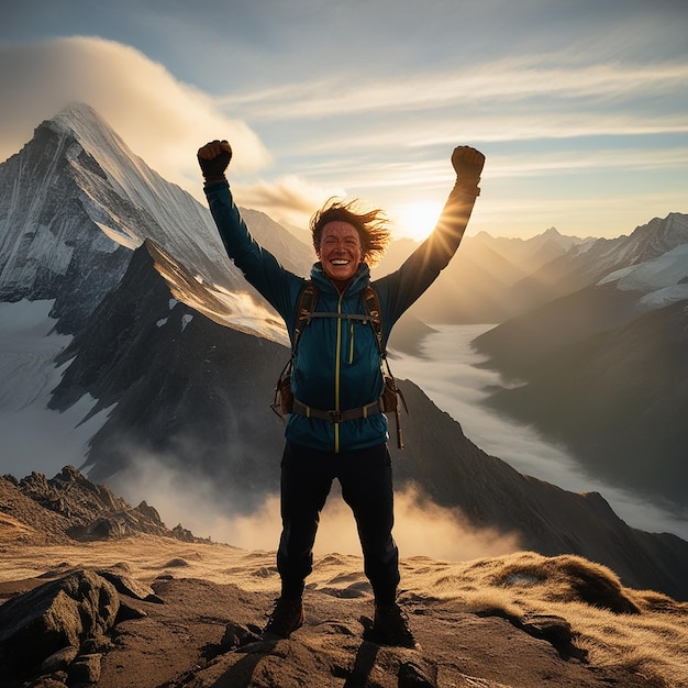 Photo a realistic person standing on a mountain peak at sunrise arms raised in victory