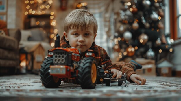 Photo a realistic photo of a 7 years old kid playing with a tractor toy he is lying on the floor