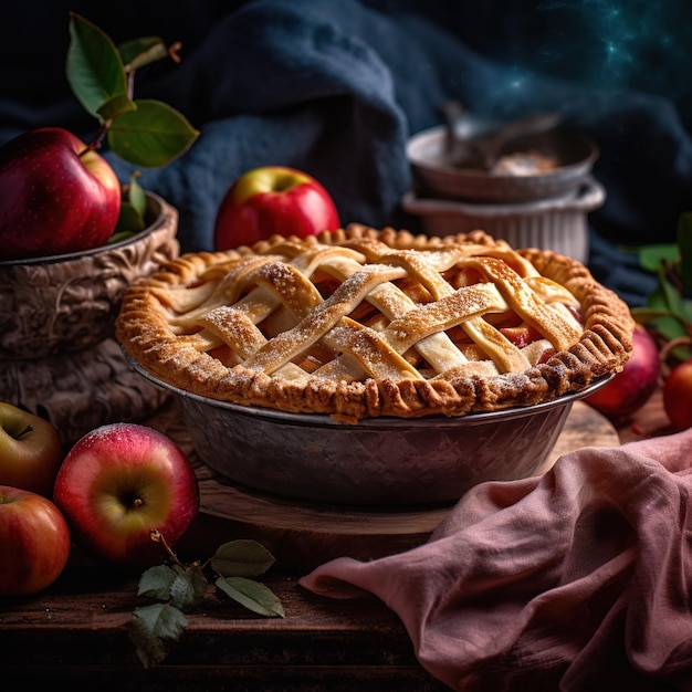 Realistic photo of Apple pie surrounding by apple fruit CloseUp Food Photography