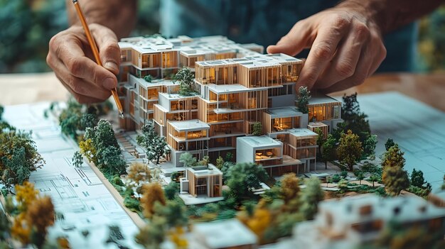 Photo realistic photo of architect adjusting architectural model of modern apartment building