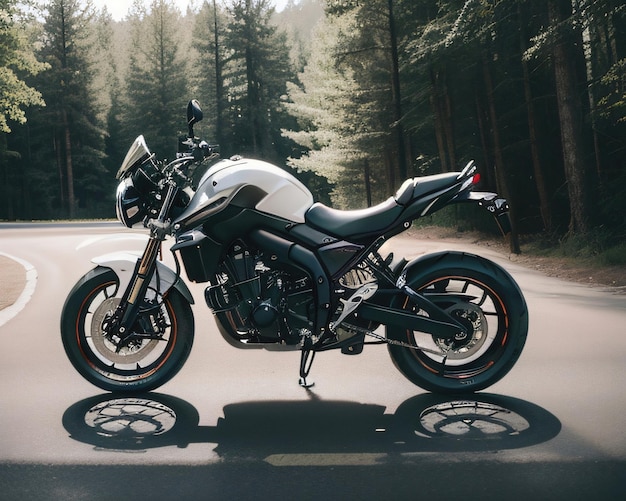 Realistic photo of big bike in the forest