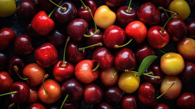 Realistic photo of a bunch of cherries top view fruit scenery