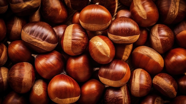 Realistic photo of a bunch of chestnuts top view nuts scenery