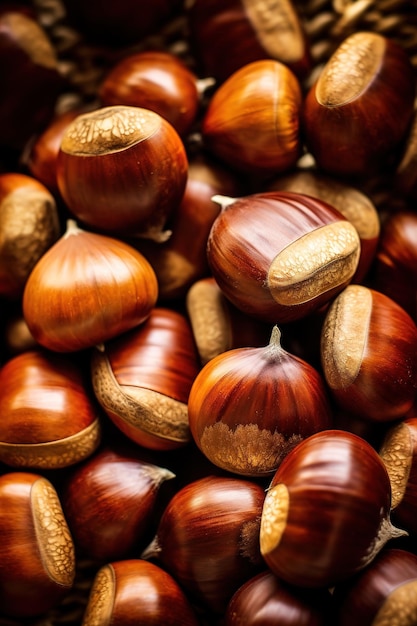 Realistic photo of a bunch of chestnuts top view nuts scenery