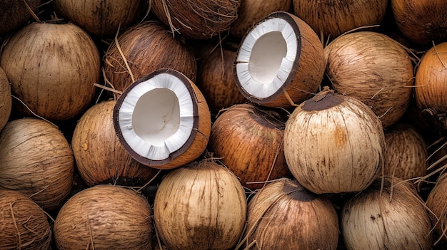 Realistic photo of a bunch of coconuts top view fruit scenery