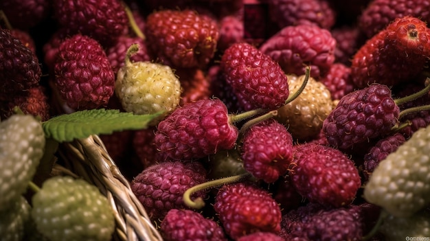 Realistic photo of a bunch of mulberries top view fruit scenery