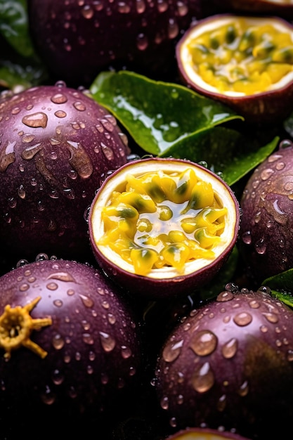 Realistic photo of a bunch of passion fruits top view fruit scenery