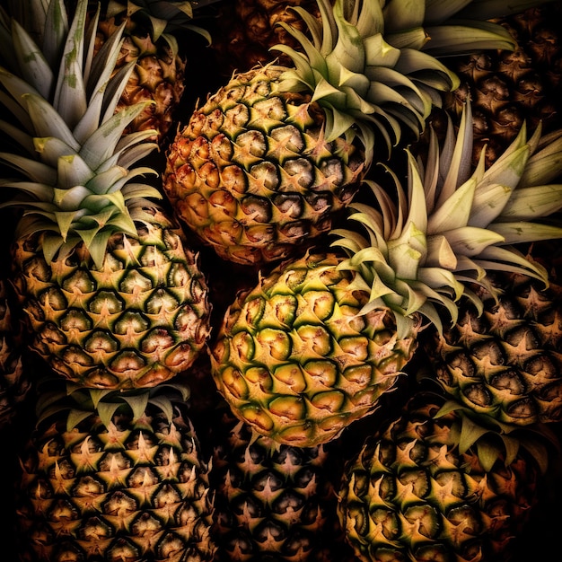 Realistic photo of a bunch of pineapples top view fruit scenery