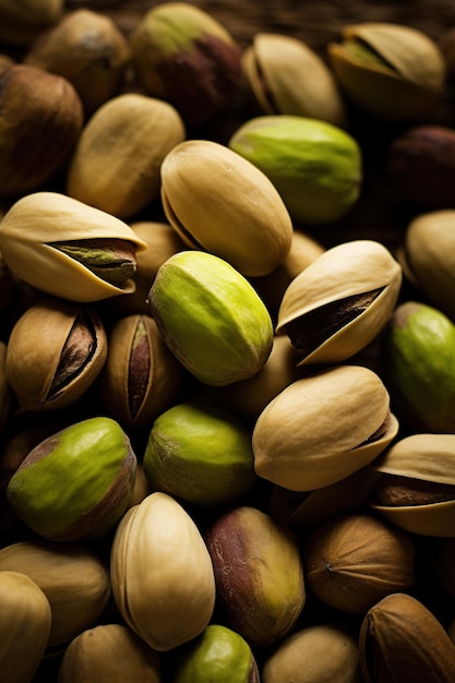 Realistic photo of a bunch of pistachios top view nuts scenery