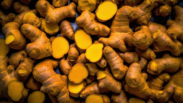 Realistic photo of a bunch of turmeric top view vegetables scenery