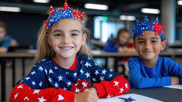 Photo a realistic photo of children drawing patriotic symbols during a constitution day art activity