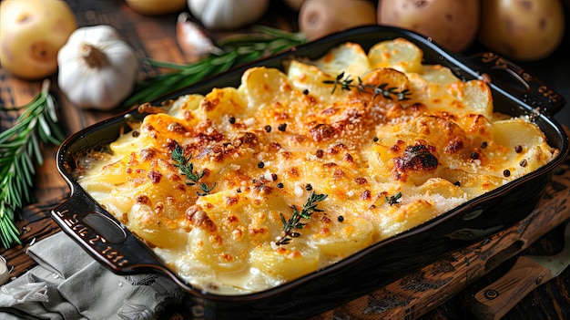 Photo realistic photo of a creamy melty potato casserole