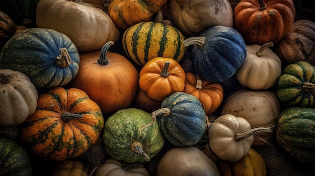 Realistic photo of different kind of squash top view fruit scenery