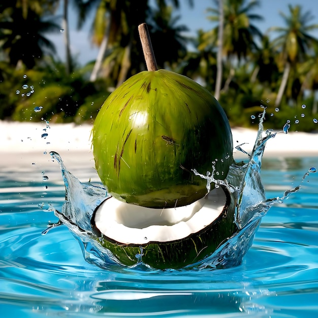 The realistic photo of a green coconut in a splash of water generated by AI