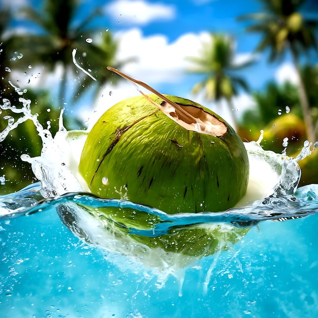 The realistic photo of a green coconut in a splash of water generated by AI