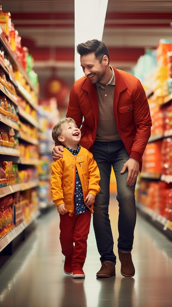 Realistic Photo Happy Father and Son Inside the Supermarket