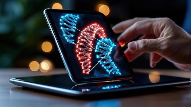 Photo a realistic photo of a healthcare professional analyzing genetic data on a digital tablet representing the integration of dna and modern medical practice