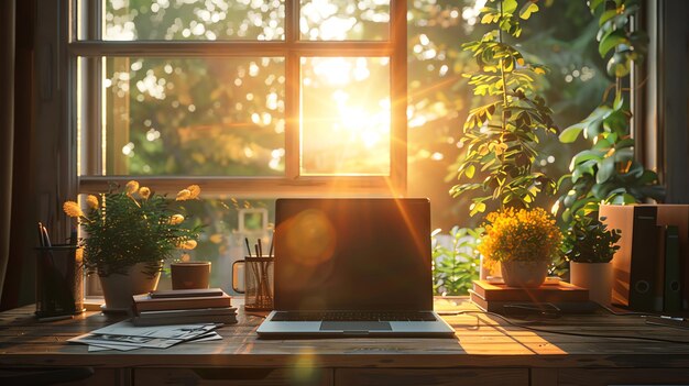 Photo realistic photo high details cozy home office with a wooden desk and a large window