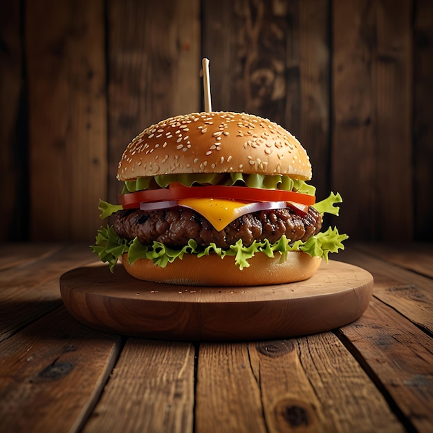 The realistic photo of highresolution hamburger on a wooden plate and wooden plate generated by AI