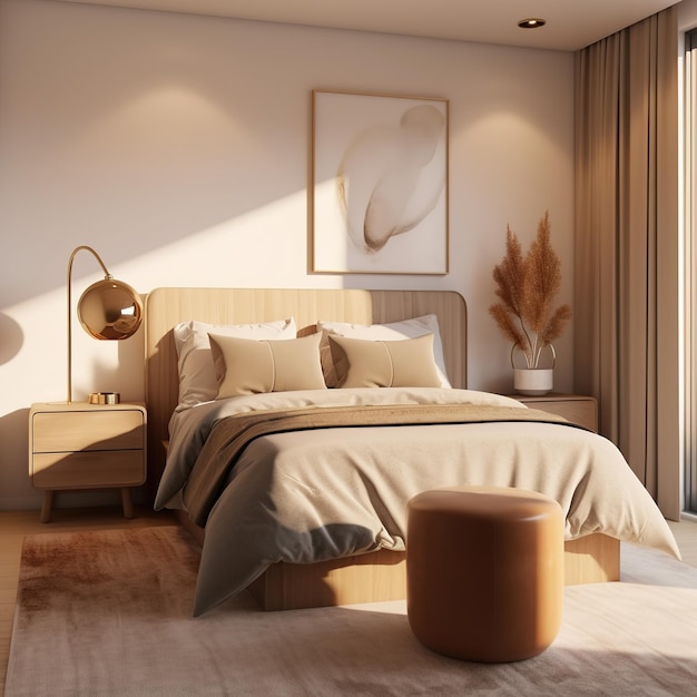 Realistic photo of interior modern style bedroom with warm light condition