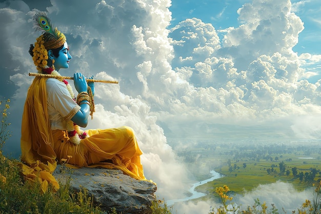 A realistic photo of Lord Krishna playing flute in the sky with green fields and river below him her