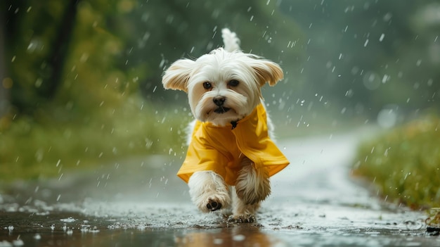 Photo realistic photo maltese dog in yellow raincoat running in rain creating a charming scene