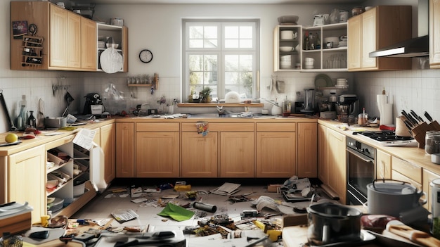 Photo realistic photo of messy kitchen with cluttered cabinets and trash