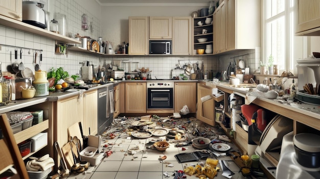 Photo realistic photo of messy kitchen with cluttered cabinets and trash