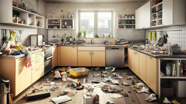 Photo realistic photo of messy kitchen with cluttered cabinets and trash